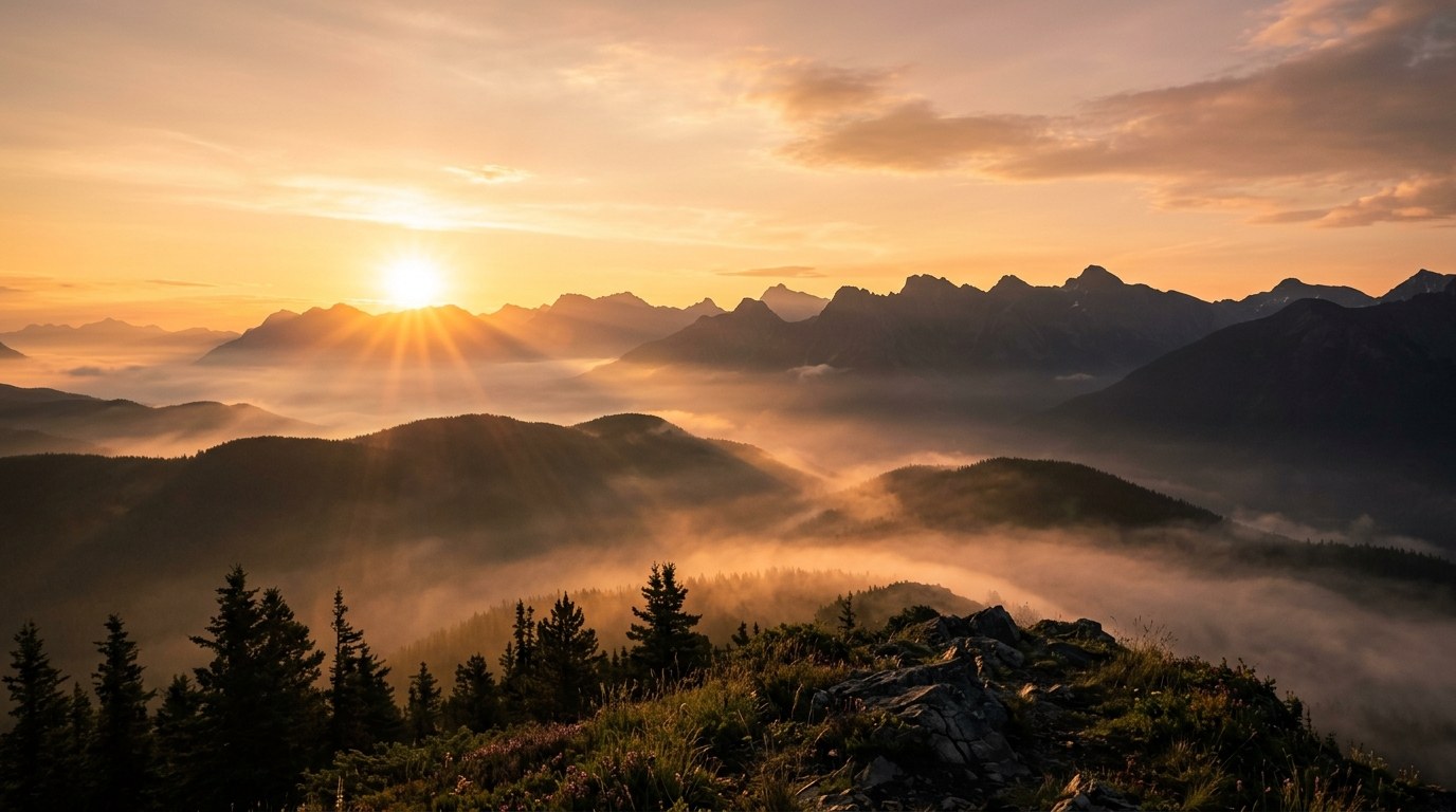 Sunrise over mountains and misty hills