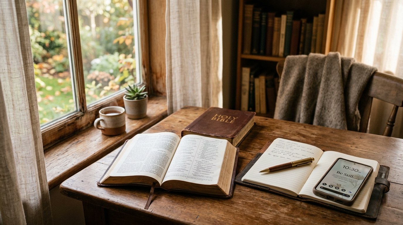 Aesthetic study desk with Holy Bible and phone