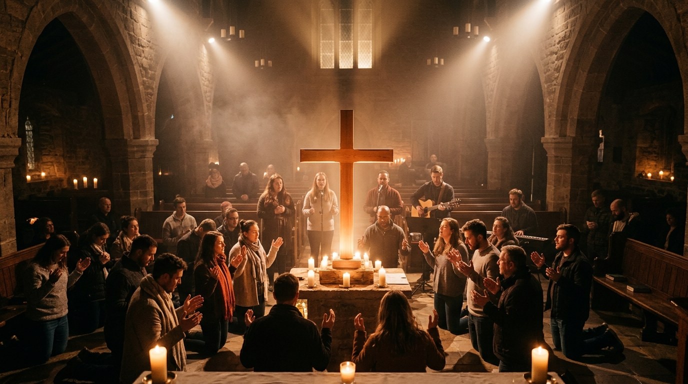 Congregation kneeling before the cross in prayer