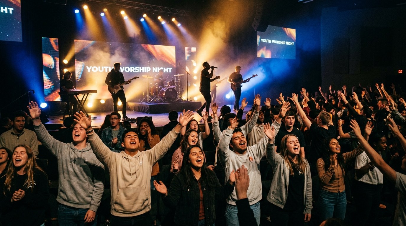 Youth singing praises with raised hands
