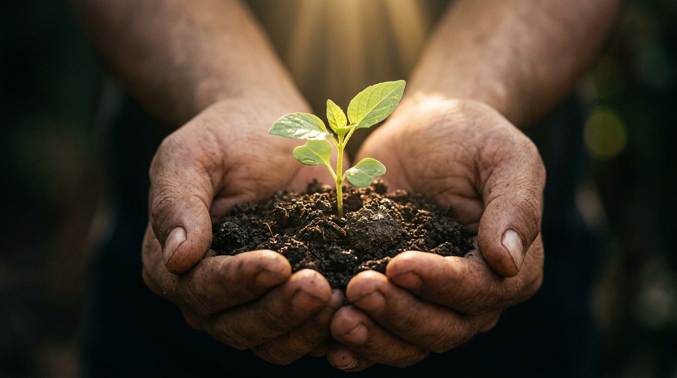 Hands cradling soil with green sprout growing