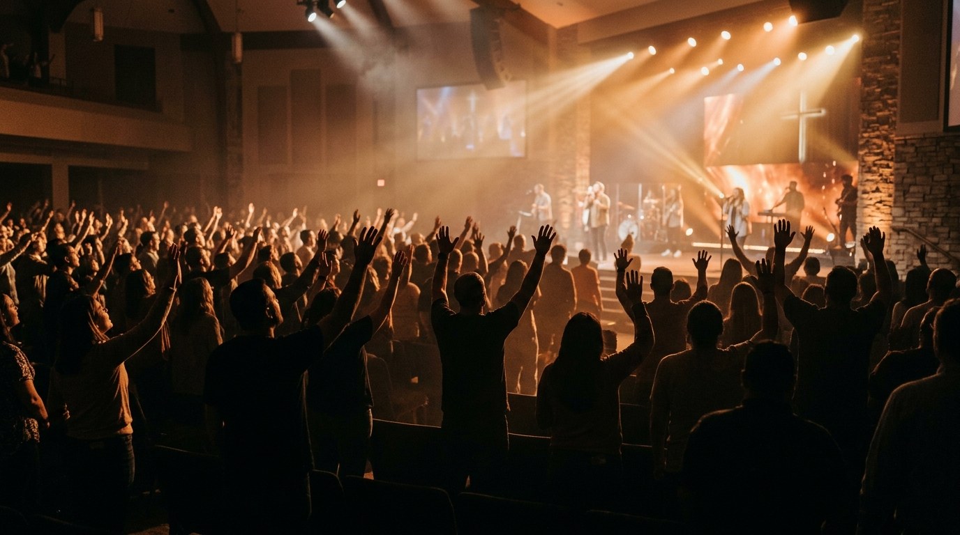 Congregation in worship with hands raised in golden light