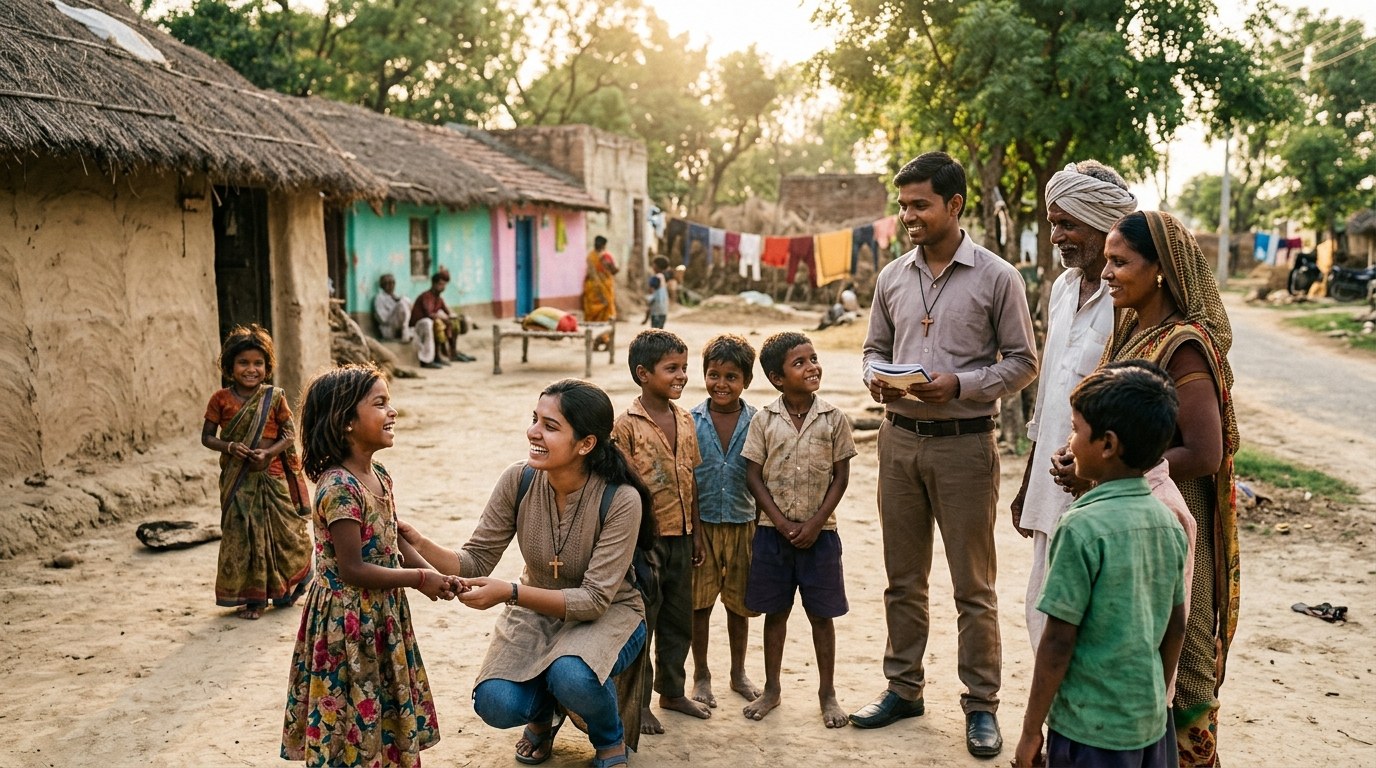 Outreach ministry team with village community